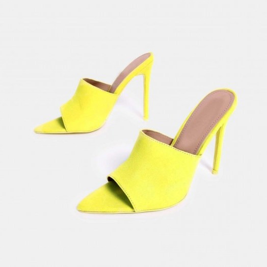 EGO Cece Pointed Peep Toe Mule In Neon Yellow Faux Suede – POINTED MULES - flipped