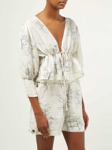 GANNI Cedar drawstring-waist linen-blend blouse in white - flipped