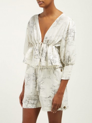 GANNI Cedar drawstring-waist linen-blend blouse in white