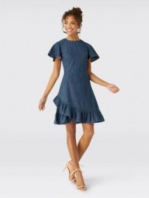 Draper James Chambray Faux Wrap Dress | blue denim ruffle dresses | Reese Witherspoon clothing collection - flipped