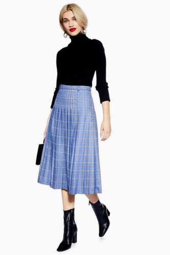NORR Blue Check Pleated Skirt | checked midi