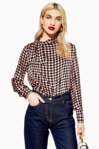 Topshop Check Pussy Bow Blouse in Pink | long sleeved tie neck top - flipped