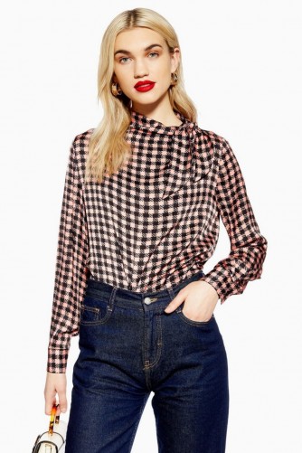 Topshop Check Pussy Bow Blouse in Pink | long sleeved tie neck top