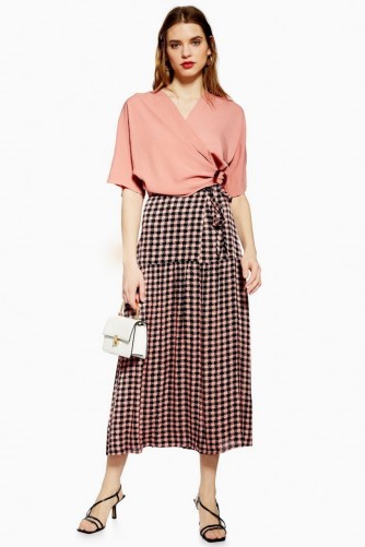 TOPSHOP Check Wrap Midi Skirt in Pink
