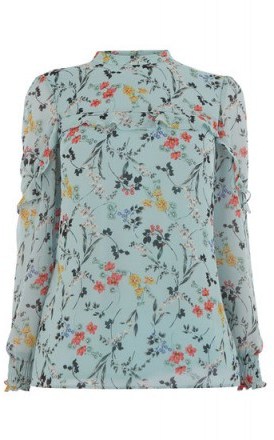 OASIS CHIFFON FRILL TOP in BLUE / high neck floral blouse - flipped