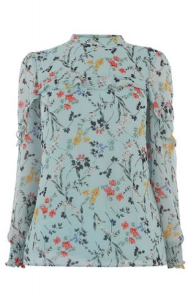 OASIS CHIFFON FRILL TOP in BLUE / high neck floral blouse