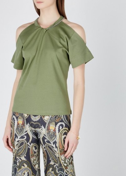 CHLOÉ Army green cut-out cotton T-shirt | cold shoulder t-shirts - flipped