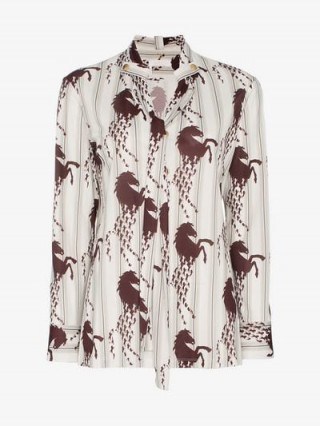 Chloé Horse Print Neck Tie Shirt in White – animal printed shirts – horses in fashion - flipped