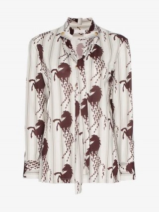 Chloé Horse Print Neck Tie Shirt in White – animal printed shirts – horses in fashion