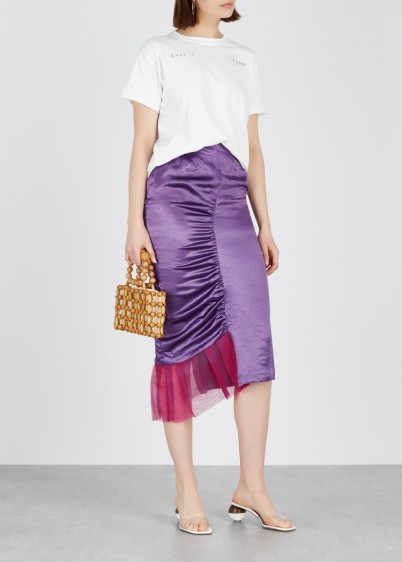 COLLINA STRADA Chakra purple ruched satin skirt ~ luxe asymmetric sheer panel skirts