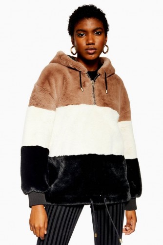 Topshop Colour Block Faux Fur Hoodie | snugly winter hoodies