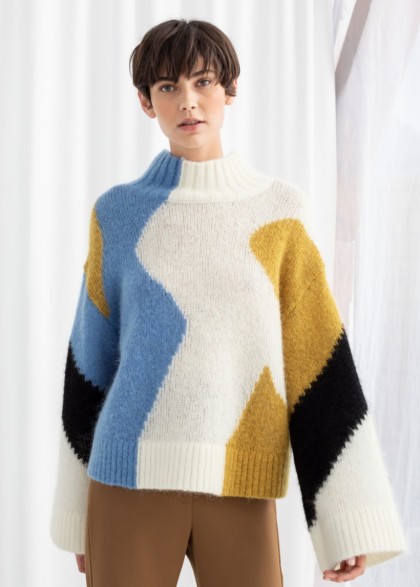 & other stories Colour Block Mock Neck Sweater Multicoloured | flared sleeve jumper