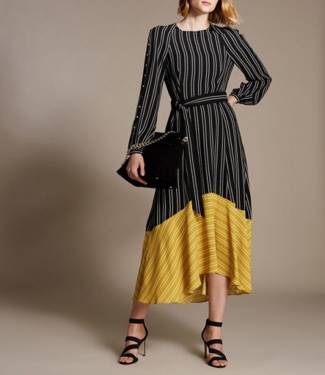 KAREN MILLEN Contrast Hem Stripe Midi Dress in Black and Yellow ~ stylish multi-stripes - flipped