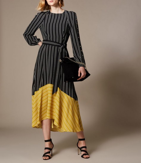 KAREN MILLEN Contrast Hem Stripe Midi Dress in Black and Yellow ~ stylish multi-stripes