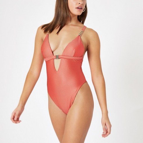 River Island Coral textured clip front triangle swimsuit | plunge front swimsuits - flipped
