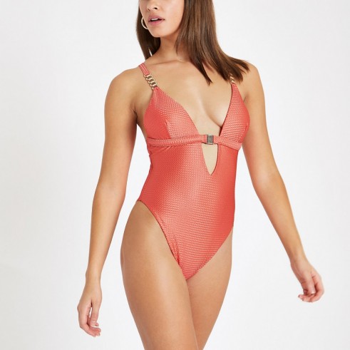River Island Coral textured clip front triangle swimsuit | plunge front swimsuits