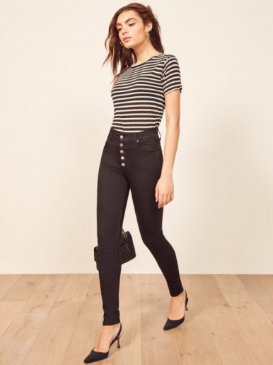 Reformation Cory High & Skinny in Black | button fly skinnies