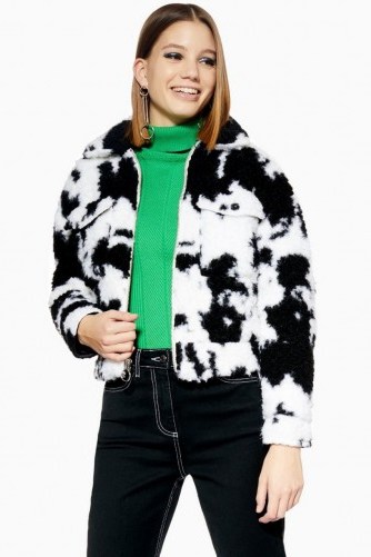 Topshop Cow Faux Shearling Crop Jacket in White | fluffy monochrome jackets - flipped