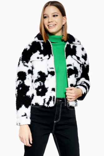 Topshop Cow Faux Shearling Crop Jacket in White | fluffy monochrome jackets