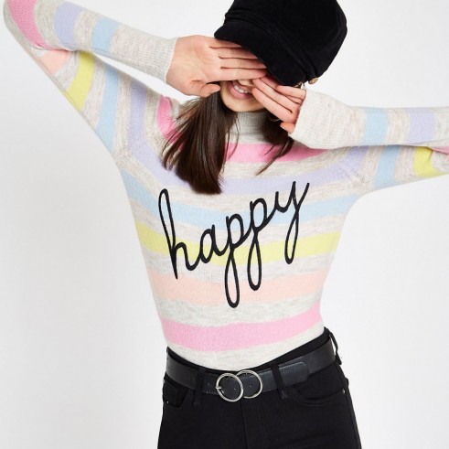 River Island Cream stripe ‘Happy’ turtle neck jumper | multicoloured slogan jumpers