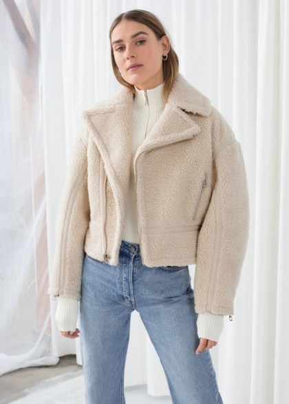 & Other Stories Cropped Faux Shearling Jacket in Cream | fluffy biker - flipped