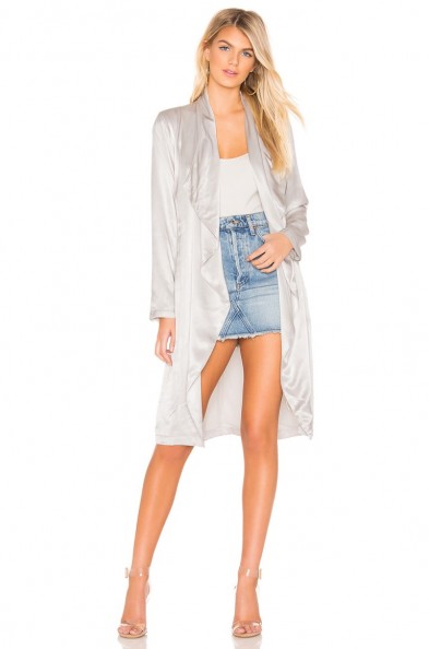 cupcakes and cashmere Yoko Drape Front Trench in fog | luxe coats