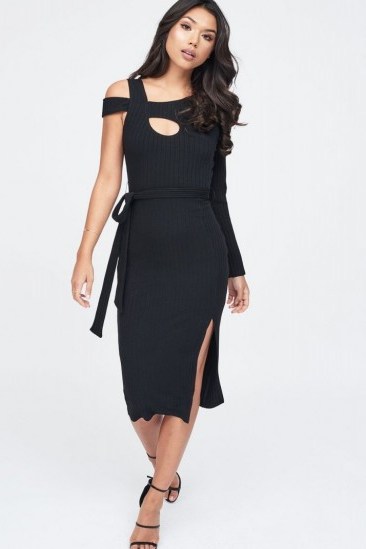 Lavish Alice cut out belted knit dress in black | one sleeve knitted evening dresses - flipped