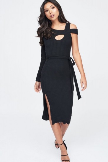 Lavish Alice cut out belted knit dress in black | one sleeve knitted evening dresses