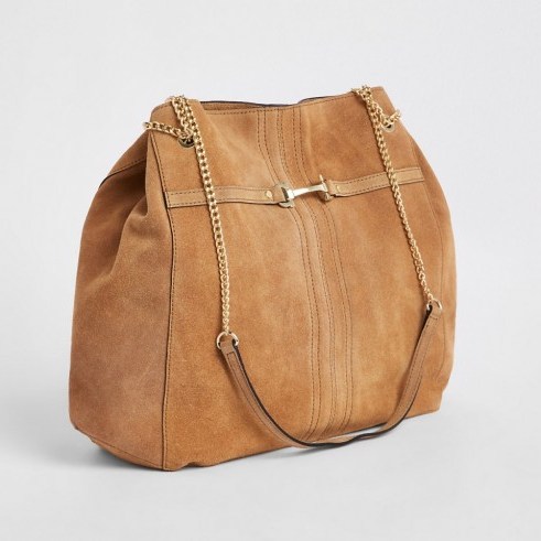 River Island Dark beige leather snaffle front slouch bag | brown chain strap handbag - flipped