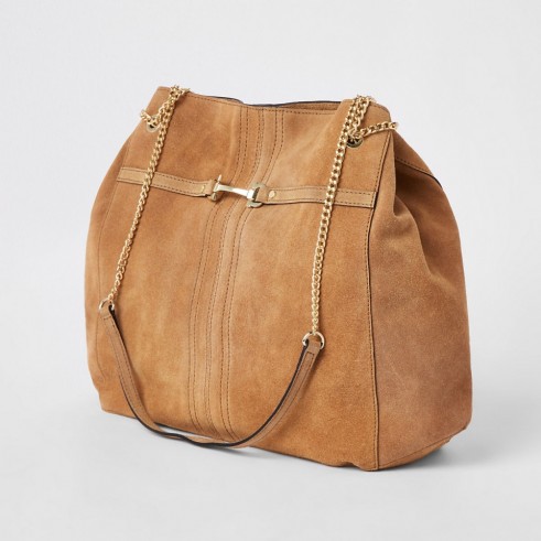 River Island Dark beige leather snaffle front slouch bag | brown chain strap handbag
