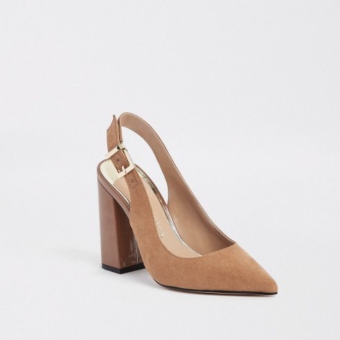RIVER ISLAND Dark brown block heel sling back court shoes ~ chunky heeled slingbacks - flipped