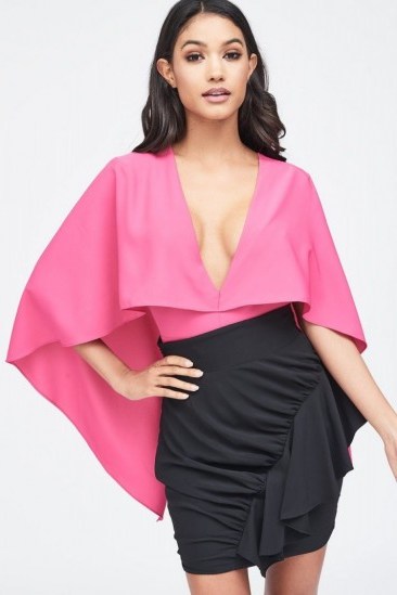 Lavish Alice deep plunge cape bodysuit in pink | deep V-necklines - flipped