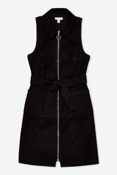 Topshop Denim Belted Dress with Collar in Black | sleeveless front zip dresses - flipped