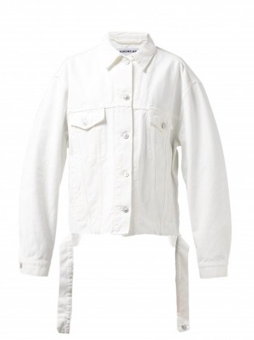 BALENCIAGA Distressed logo-embroidered white denim jacket - flipped