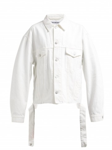 BALENCIAGA Distressed logo-embroidered white denim jacket