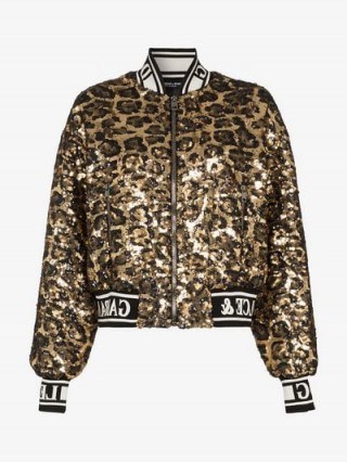 Dolce & Gabbana Gold and Black Sequin Embellished Leopard Print Bomber Jacket - flipped