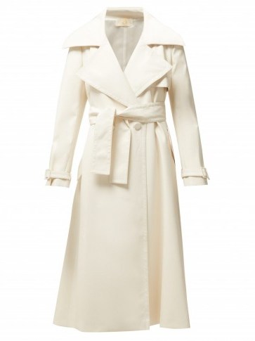 SARA BATTAGLIA Double-breasted faux-leather trench coat in ivory ~ luxe tie waist coats - flipped