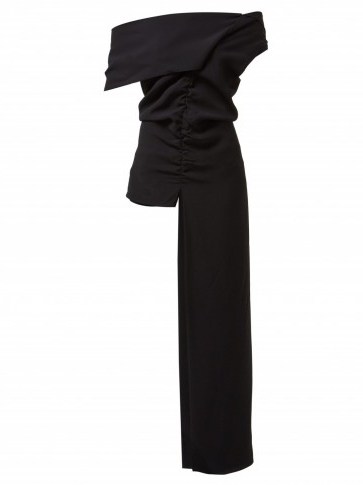 COLVILLE Draped off-the-shoulder asymmetric crepe top in black ~ chic bardot tops - flipped
