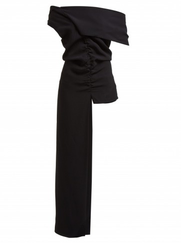 COLVILLE Draped off-the-shoulder asymmetric crepe top in black ~ chic bardot tops