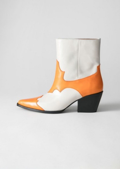 & other stories Duo Toned Leather Cowboy Boots in Orange / White ~ block colour western boot - flipped