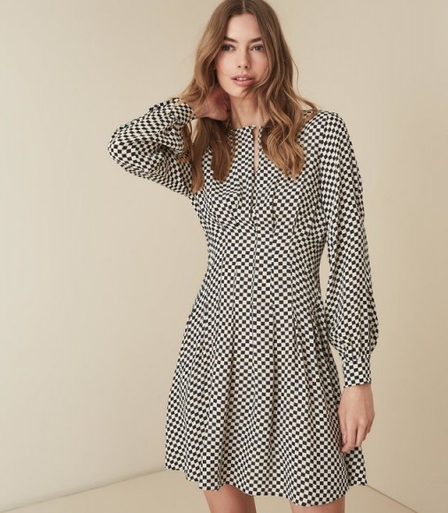 REISS EDNA CHECK PRINTED FIT AND FLARE DRESS ~ checkerboard print dresses