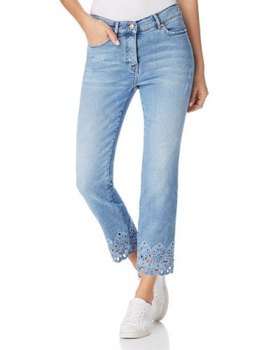 Escada Embroidered Straight-Leg Ankle Jeans in Bright Blue ~ scalloped hems - flipped