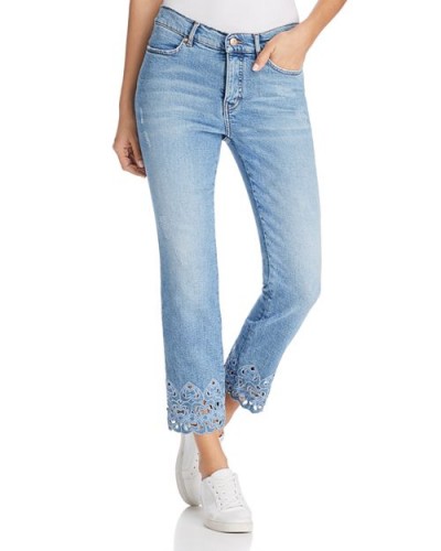 Escada Embroidered Straight-Leg Ankle Jeans in Bright Blue ~ scalloped hems