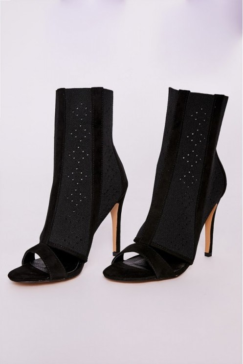 IN THE STYLE EVORIA BLACK KNITTED POINTELLE CUT OUT DETAIL PEEP TOE HEEL - flipped