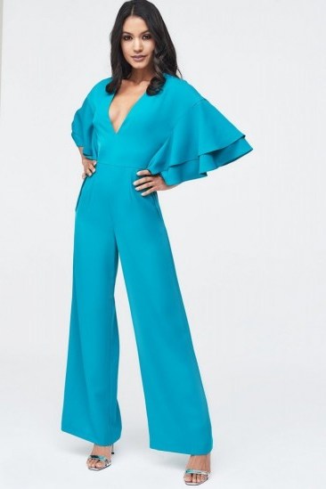 Lavish Alice exaggerated double frill sleeve wide leg jumpsuit in jade green | plunge front going out jumpsuits - flipped