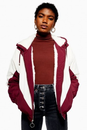TOPSHOP Faux Fur Lined Windbreaker Jacket in Burgundy / casual red and white jackets - flipped
