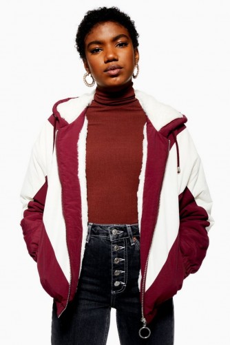 TOPSHOP Faux Fur Lined Windbreaker Jacket in Burgundy / casual red and white jackets