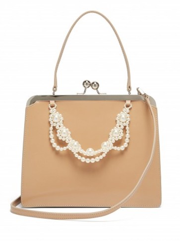 SIMONE ROCHA Faux pearl-trimmed cream leather bag ~ vintage look handbags - flipped