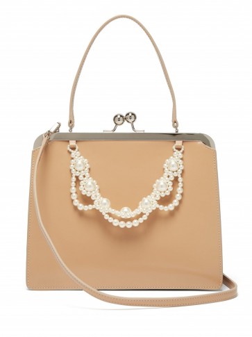 SIMONE ROCHA Faux pearl-trimmed cream leather bag ~ vintage look handbags