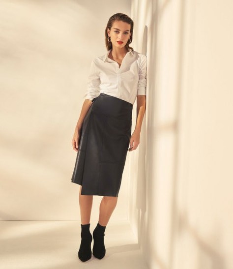 KAREN MILLEN Faux-Leather Wrap Skirt in Black ~ essential wardrobe piece - flipped